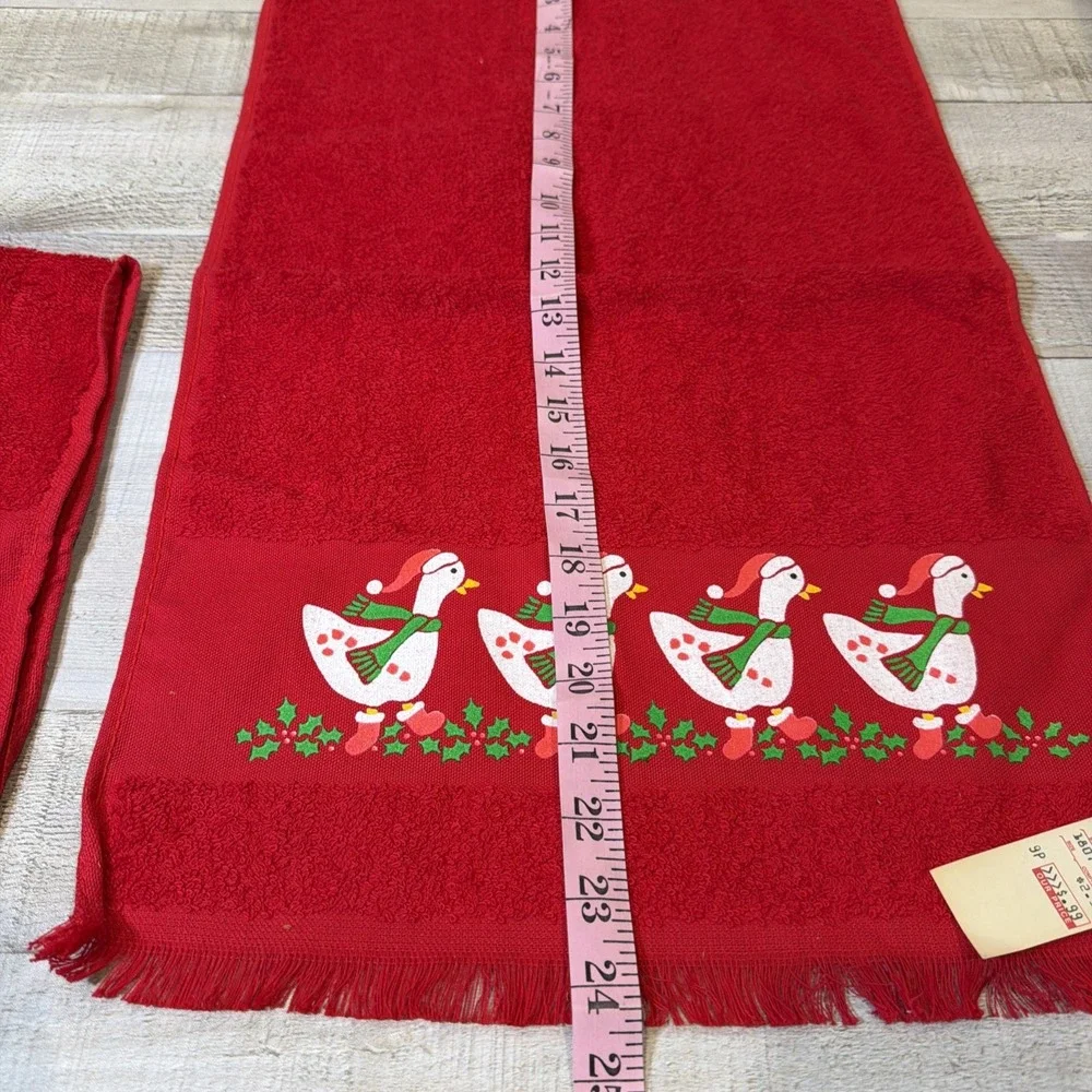 Vintage Christmas Goose Hand Towels NOS Cottagecore Holiday Fringe Set of 2